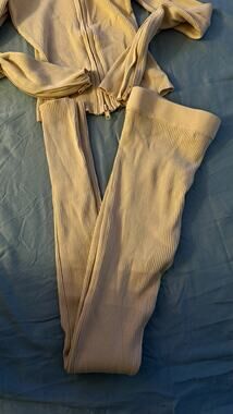 Fashion Nova Women's Beige Ribbed Knit Zip-Up Top & Skinny Pants Set Size S